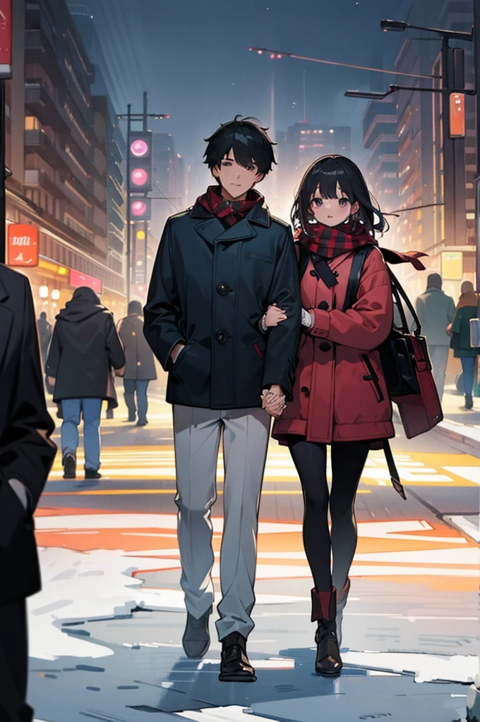Highest quality、masterpiece、8K、men and women、Winter Dating、((front:1.4))、Holding hands、night、Side by side、In town、Signal、crowd