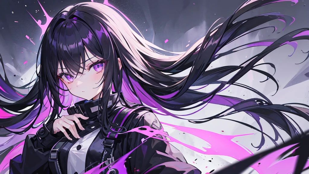 1girl, black long hair, a lot of hair, eye covering bangs, purple eyes, expressionless, wearing coat, urban ruins, absurdres, high res, ultrasharp, 8K, masterpiece, purple aura, portrait, good hands, good fingers
