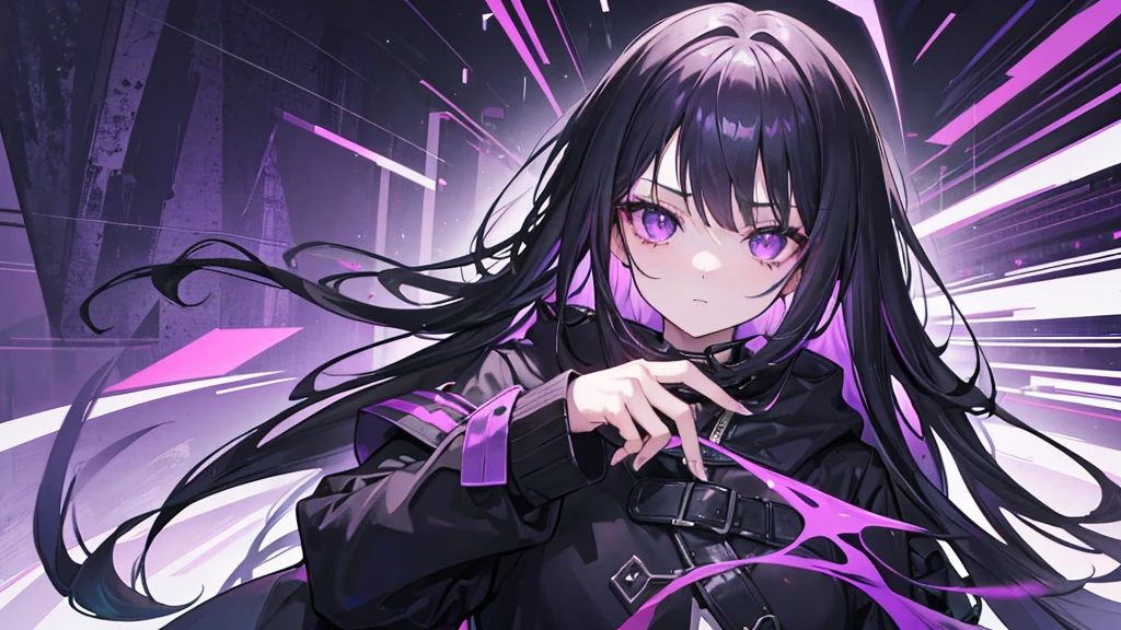 1girl, black long hair, a lot of hair, eye covering bangs, purple eyes, expressionless, wearing coat, urban ruins, absurdres, high res, ultrasharp, 8K, masterpiece, purple aura, portrait, good hands, good fingers