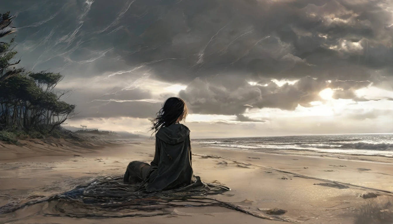 (masterpiece, best quality: 1.2), ultra detailed, cinematic lighting, HDR, illustration, landsape, 1girl, (soft colors), post-apocalyptic beach, the night, desolate atmosphere, girl sitting on the sand, covered vegetation, (overcast sky), waves crashing on the coast, (melancholic but hopeful), quiet moment of respite, (detailed textures), windswept hair, cloudy at night