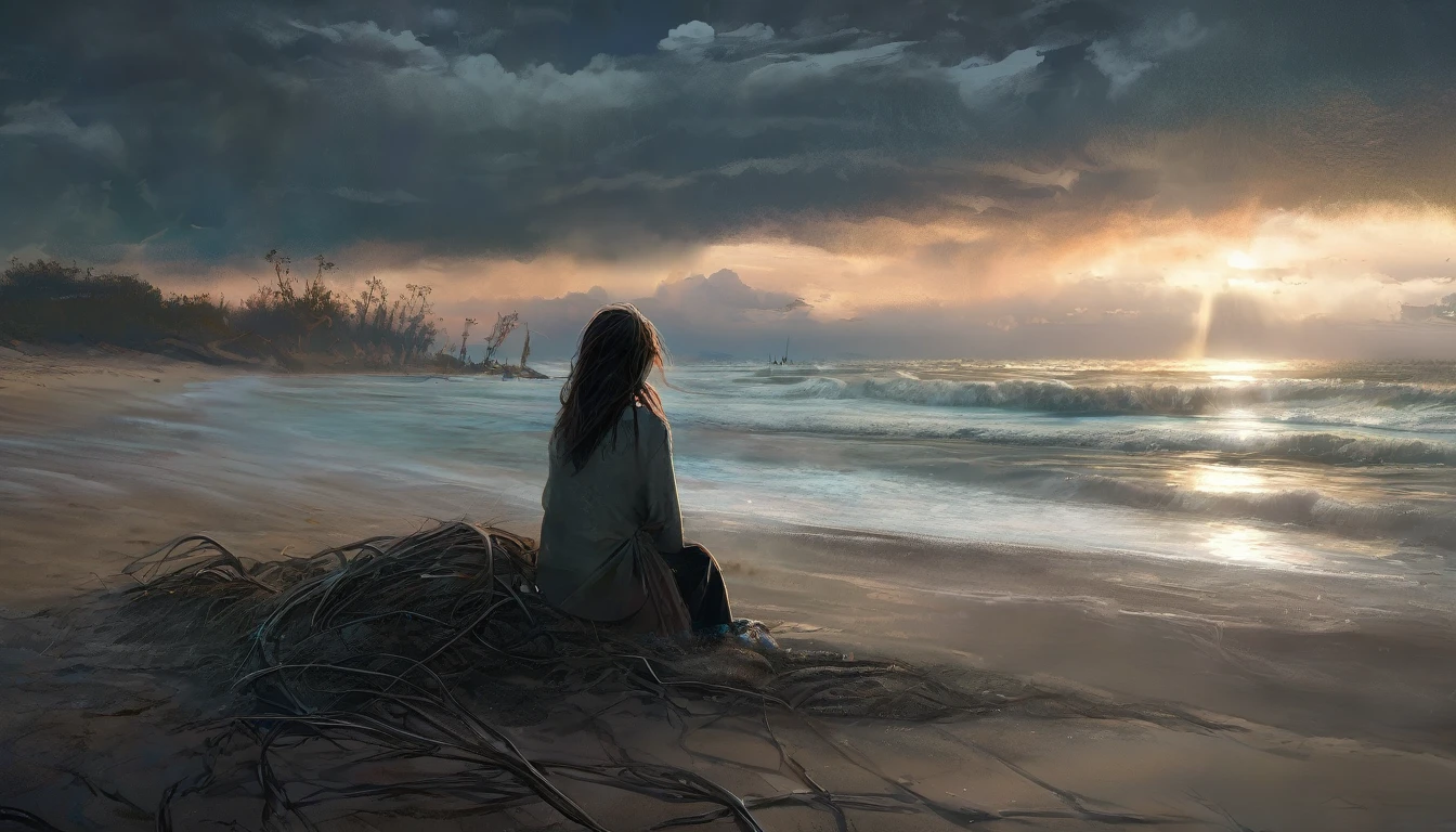 (masterpiece, best quality: 1.2), ultra detailed, cinematic lighting, HDR, illustration, landsape, 1girl, (soft colors), post-apocalyptic beach, the night, desolate atmosphere, girl sitting on the sand, covered vegetation, (overcast sky), waves crashing on the coast, (melancholic but hopeful), quiet moment of respite, (detailed textures), windswept hair, cloudy at night