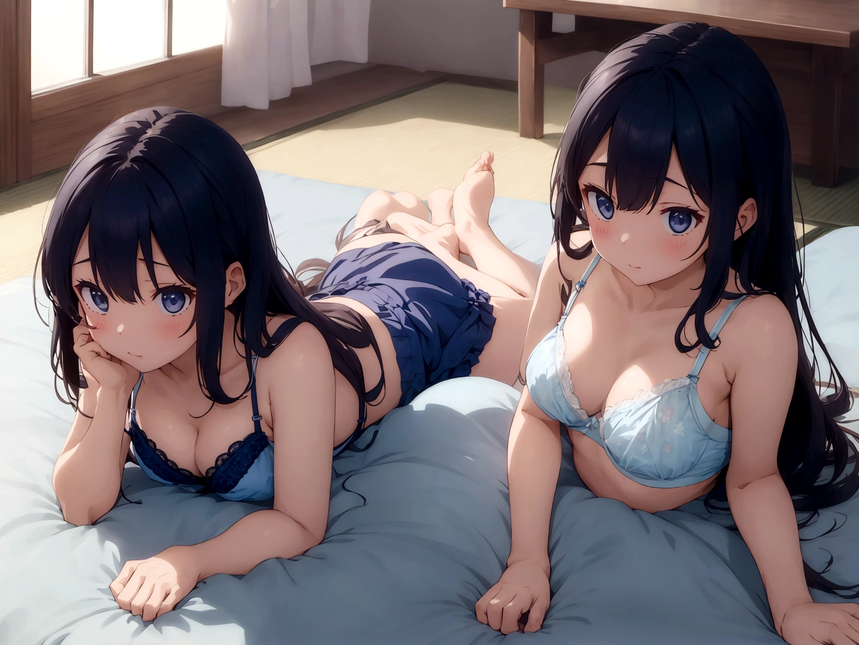 Two girls flirting around the kotatsu、Girl with hair down to her feet、A thin camisole and a sheer light blue bra、Navy blue bloomers