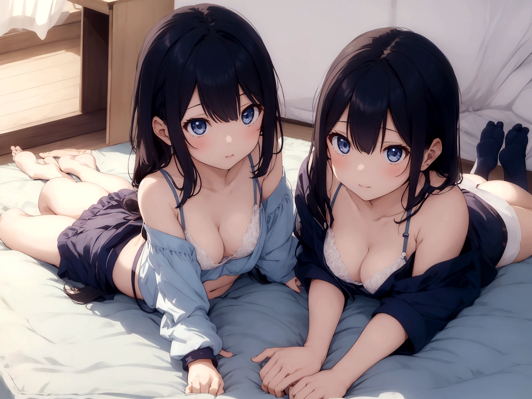 Two girls flirting around the kotatsu、Girl with hair down to her feet、A thin camisole and a sheer light blue bra、Navy blue bloomers