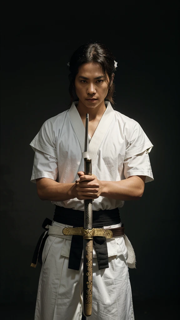 white and blak c4ttitude, wearing samurai, Japanese sword in hand