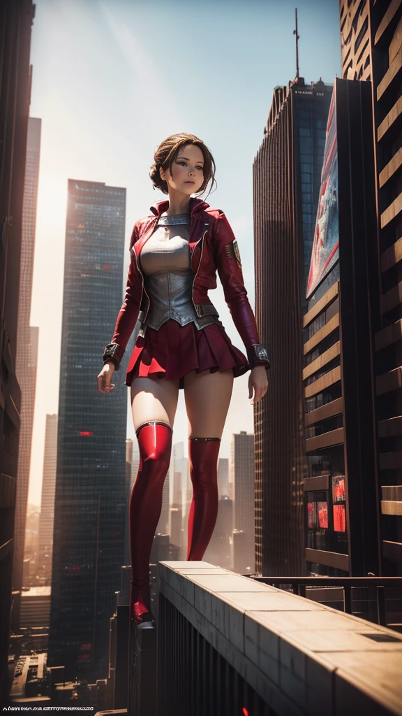 A giant woman in a red suit lying on top of a cyberpunk city, Little guys running around the giant girl, Standing on her hand, cgsociety 9, 2. 5 d cgi fantasy art, engine rendering unreal + a goddess, full body cgsociety, artgerm ; Hyper realistic 3d content, giant art, super detailed 3d matte paintings, super detailed 3d matte paintings, realistic fantasy art, realistic 3 d anime style. Beautiful girl. Big thighs."The little stood on the top of a high-rise building waving to the girl". jennifer Lawrence. Wear short skirts.