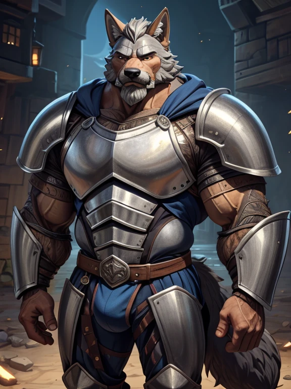 burly virile hairy man, with two wolf ears and a bushy tail, in a suit of armor, middle-aged, hirsute, overmuscular and musclebound, bulging veiny muscles, a warrior's build, a bodybuilder's physique, long bushy and a thick mustache, a square jaw, handsome and dreamy, grey hair, a knight clad in full armor