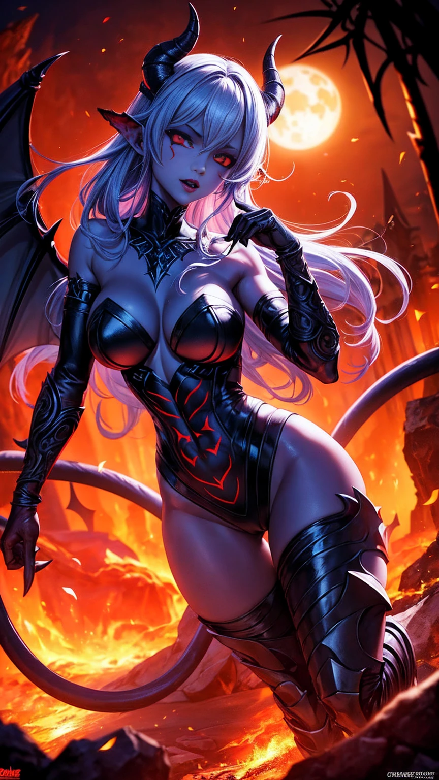 girl, demoness warrior, comprised of Antikythera mechanisms, dark, foreboding, dynamic action, dynamic motion, crouching, evil look, sexy, busty, sheer lowleg panties, curvy hips, claws, fangs, wings, busty, demon tail, demon bone armor, facepaint, bodypaint, red glowing eyes, combat stance, vibrant appearance, creative behavior, imaginative, sensual, spontaneous, highest quality, skin texture, intricate details, (cinematic lighting), RAW photo, 8k, under moonlight, nightmarish, full moon, firestorm, debris