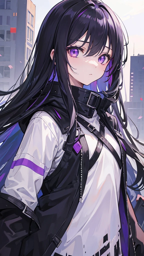 1girl, black long hair, a lot of hair, eye covering bangs, purple eyes, expressionless, wearing coat, urban ruins, absurdres, high res, ultrasharp, 8K, masterpiece, purple aura, portrait