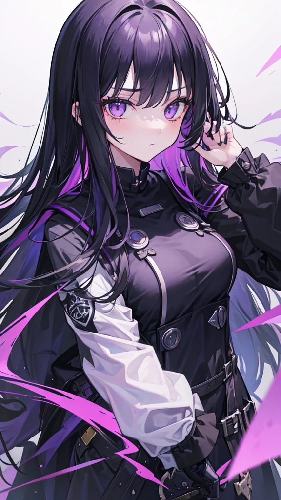 1girl, black long hair, a lot of hair, eye covering bangs, purple eyes, expressionless, wearing coat, urban ruins, absurdres, high res, ultrasharp, 8K, masterpiece, purple aura, portrait