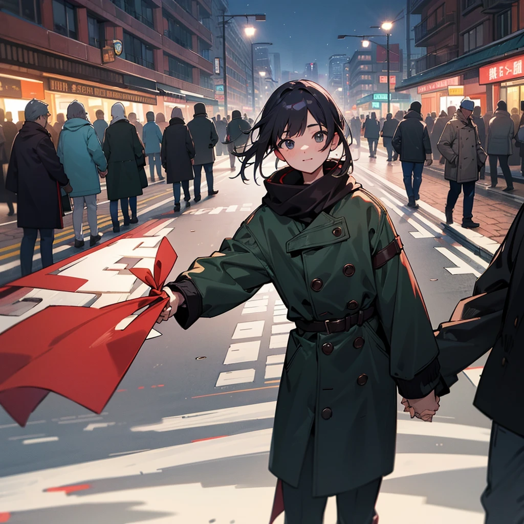 Highest quality、masterpiece、8K、men and women、Winter Dating、((front:1.4))、Holding hands、night、Side by side、In town、Signal、crowd