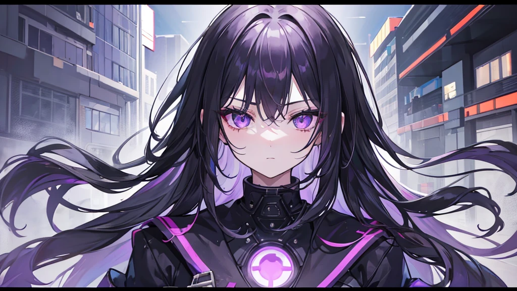 1girl, black long hair, a lot of hair, eye covering bangs, purple eyes, expressionless, wearing coat, urban ruins, absurdres, high res, ultrasharp, 8K, masterpiece, purple aura, portrait