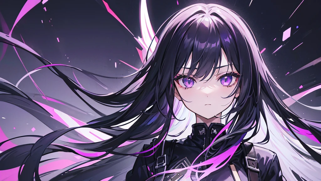1girl, black long hair, a lot of hair, eye covering bangs, purple eyes, expressionless, wearing coat, urban ruins, absurdres, high res, ultrasharp, 8K, masterpiece, purple aura, portrait