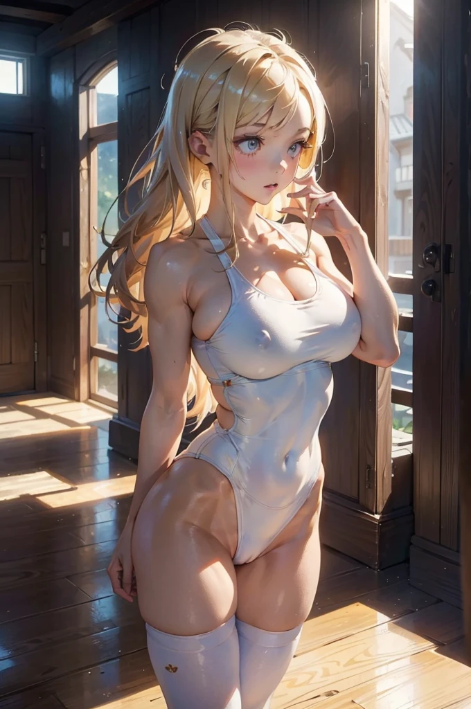 ((masterpiece)), ((best quality)), ((best quality)), (Illustration of One Girl), whole body, 25 years old,, Blonde, ((Muscular body)),  (White yoga clothes),, （Very large breasts）），（（Grooves reveal original skin））