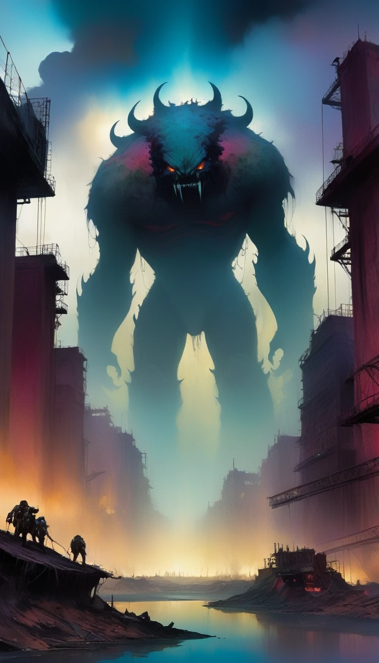 large landscape, dead world theme, polluted world, destroyed city, no vegetation, polluted water, dark world, spectacular otherworldly sky, mutant monsters on stage (art inspired by Bill Sienkiewicz). oil painting)