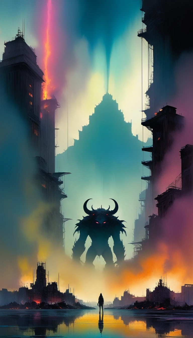 large landscape, dead world theme, polluted world, destroyed city, no vegetation, polluted water, dark world, spectacular otherworldly sky, mutant monsters on stage (art inspired by Bill Sienkiewicz). oil painting)
