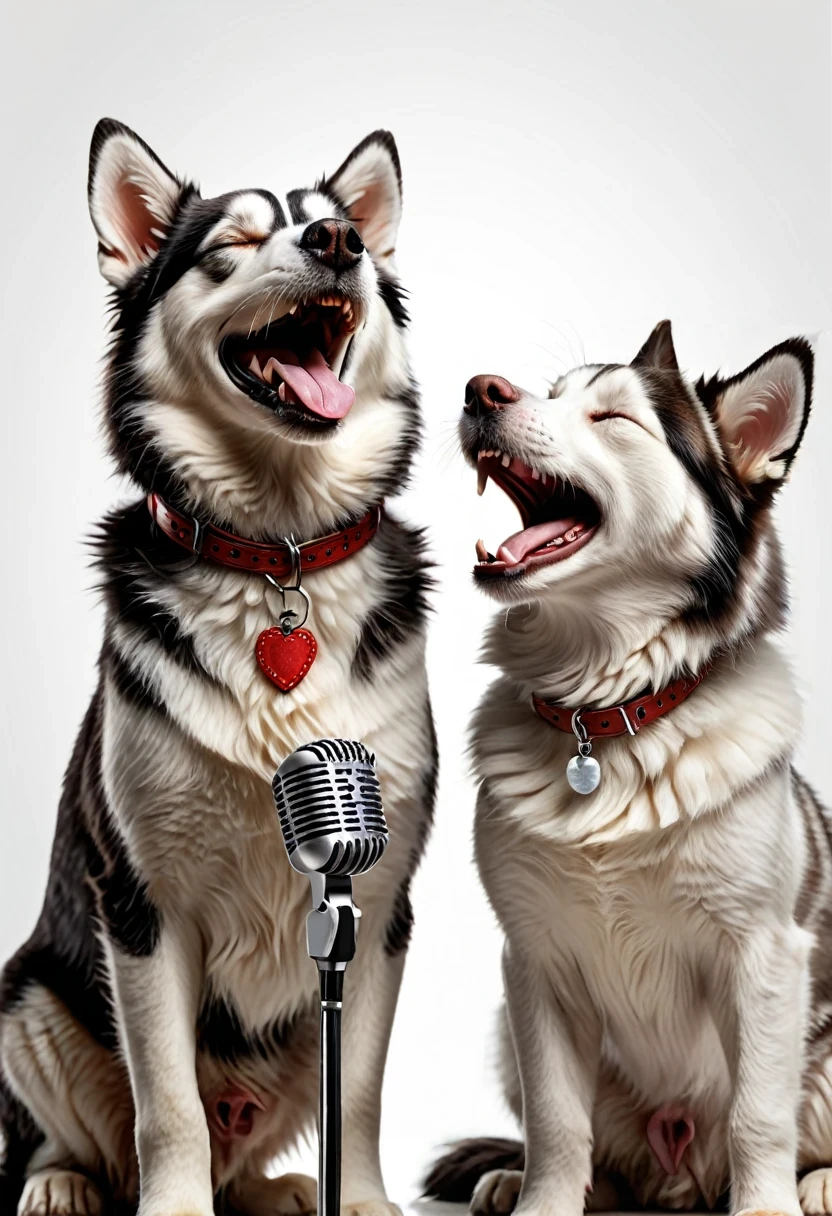 cat and dog singing duet together with microphone, amazing quality, ultra detailed, super realistic, Realistic super detailed teeth, pleasure and fun, white background, happy and fun, wow picture, hd, 8k, Best quality at best, professional photography shot. Cat and dog, husky dog, white cat, duet, singing song together, happy and cute, eyes closed in pleasure. the cat stands next to the husky, cat is singing with pleasure