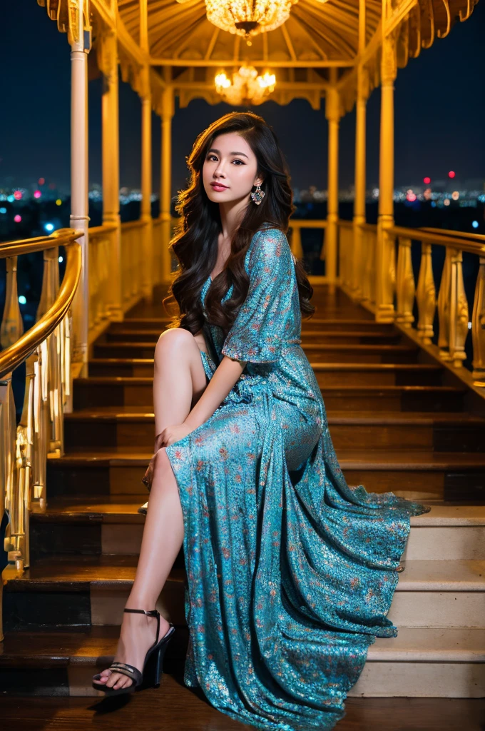 Full body high fashion, wavy long hair, floating hair by the wind, extreme artistic, intricate poses, Incredible photorealistic high resolution camera pics in the style of gardenia of a luxury scenic at gazebo full of flowers in rooftop with Jakarta city scape view in the night and beautiful exterior decoration, realistic eyes, facial profile view, Head to toe, Full body, used stilletto heels, used earrings, relaxed, at night Cinematic, ethereal, a young Asian who looks like
An idol, sitting on the stair of gazebo, sophisticated modeling beautiful blue clothes in the style of wealthy appearance, glamour lights, backlight, soft light, dim light, hair light, epic lighting, natural colors, glamourous atmosphere, romantic vibes