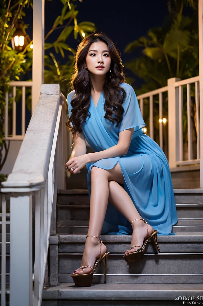 Full body high fashion, wavy long hair, floating hair by the wind, extreme artistic, intricate poses, Incredible photorealistic high resolution camera pics in the style of gardenia of a luxury scenic at gazebo full of flowers in rooftop with Jakarta city scape view in the night and beautiful exterior decoration, realistic eyes, facial profile view, Head to toe, Full body, used stilletto heels, used earrings, relaxed, at night Cinematic, ethereal, a young Asian who looks like
An idol, sitting on the stair of gazebo, sophisticated modeling beautiful blue clothes in the style of wealthy appearance, glamour lights, backlight, soft light, dim light, hair light, epic lighting, natural colors, glamourous atmosphere, romantic vibes