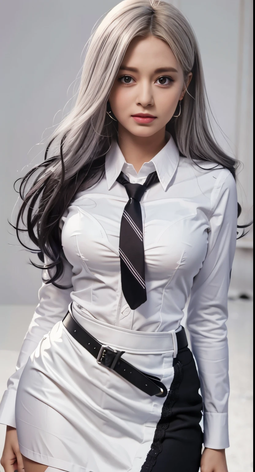 There is a woman with long hair, who wears a white shirt and tie, tifa lockhart with white hair, anime girl cosplay, perfect white haired girl, photorealistic anime girl render, hyperrealistic , Stil artgerm, a hyperrealistic , ig model | artgerm, Realistic Cosplay, Cosplay, close up shot, Extrem detaillierter artgerm, 2 b