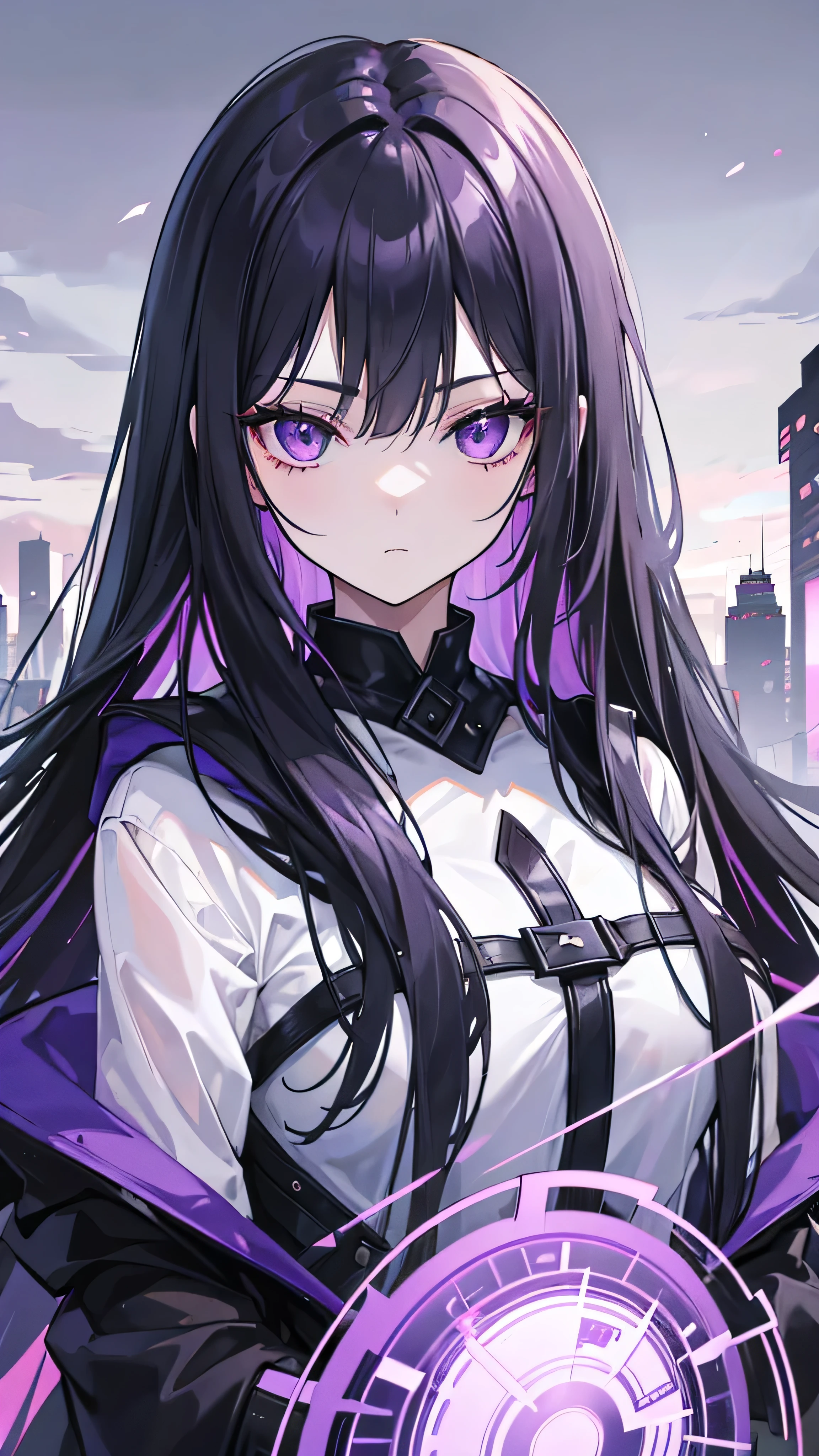 1girl, black long hair, a lot of hair, eye covering bangs, purple eyes, expressionless, wearing coat, urban ruins, absurdres, high res, ultrasharp, 8K, masterpiece, purple aura, portrait