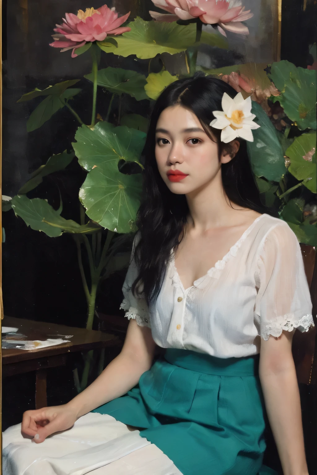 (Oil painting: 1.5),stripes
\\
A woman with long black hair and white flowers in her hair sitting in a lotus flower, white blouse, cyan skirt (Amy Saul: 0.248), (Stanley Atger Liu: 0.106), (a detailed painting: 0.353), (Gothic art: 0.106),red velvet dress