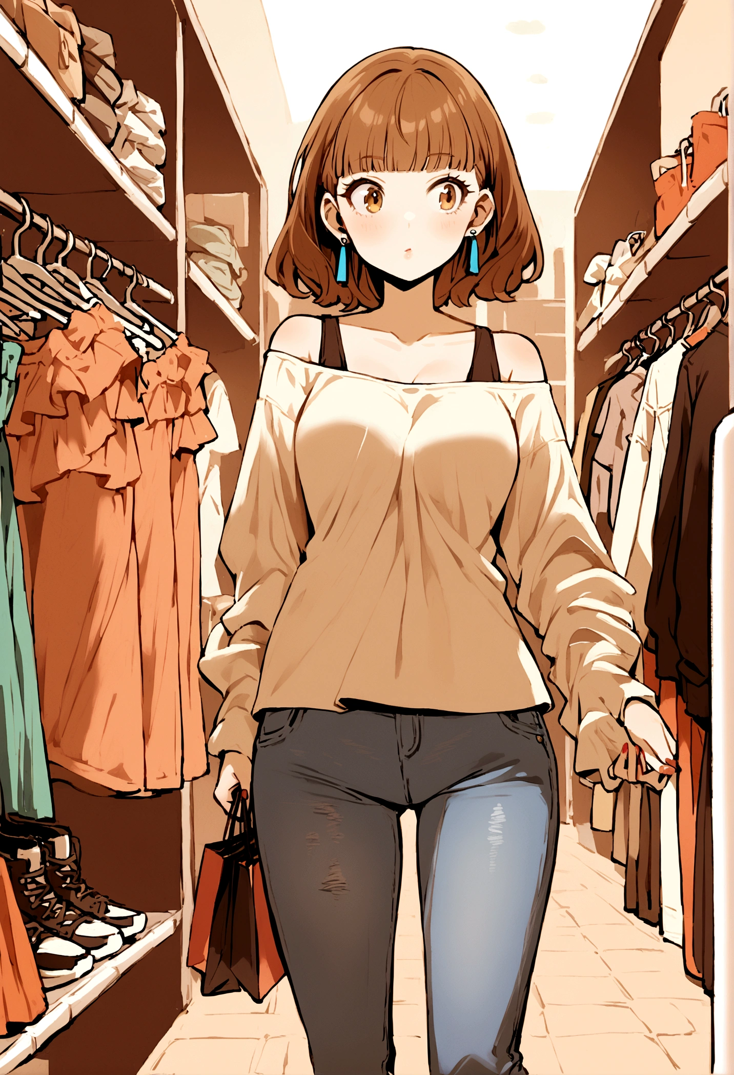 1 Female, Long sleeve off-shoulder shirt, jeans, sneakers, Brown hair and bangs, Earrings, Choosing clothes,shopping,In town