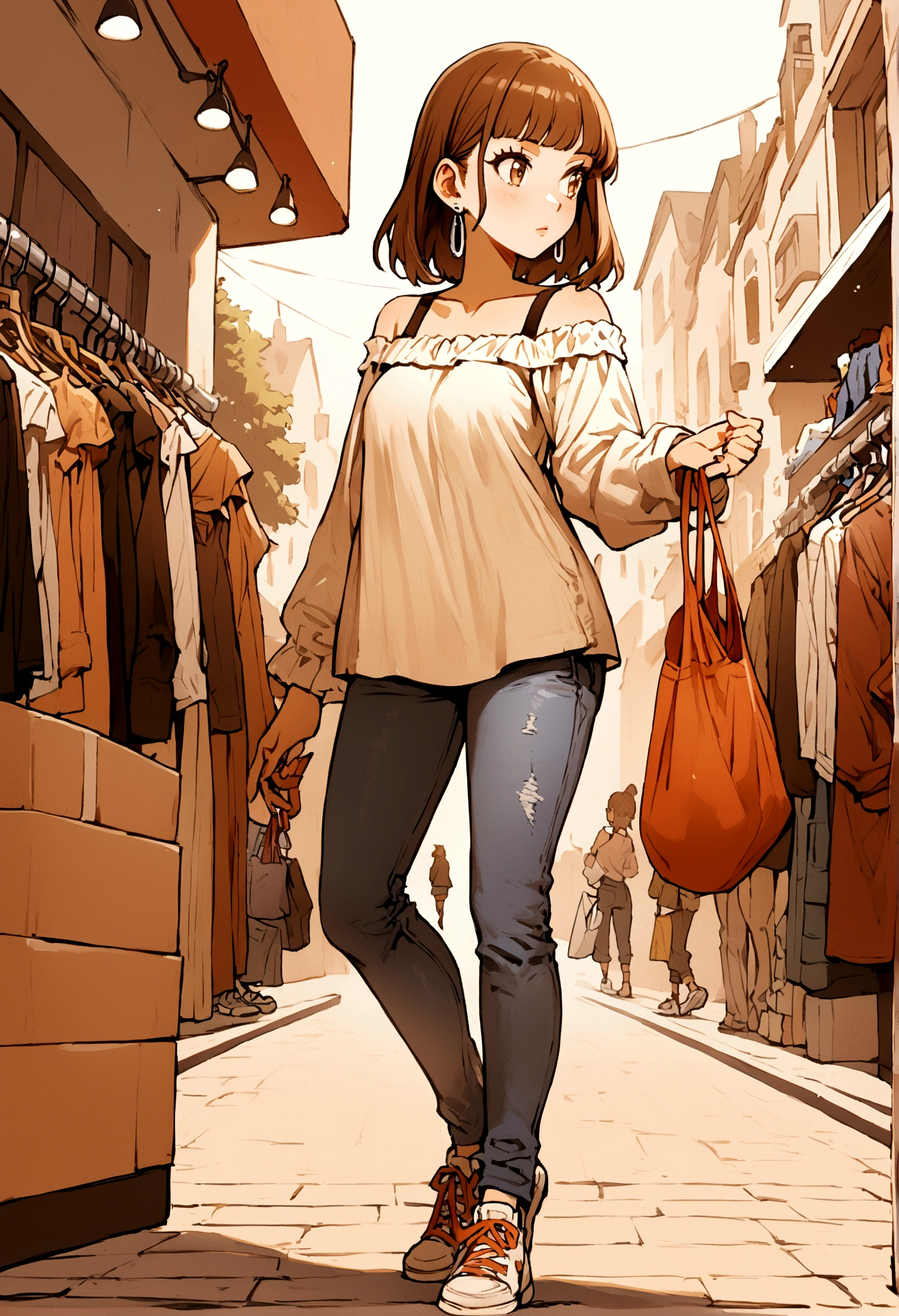 1 Female, Long sleeve off-shoulder shirt, jeans, sneakers, Brown hair and bangs, Earrings, Choosing clothes,shopping,In town