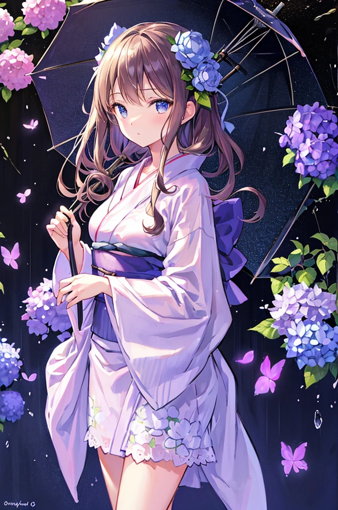 Hydrangea themed art, ((Highest quality)), High resolution, 8K, Cinematic Light, High Contrast, Written boundary depth, Strong brilliance, Detailed Background, One Girl, cute, fine grain, Shining Eyes,rain、Holding an umbrella、yukata