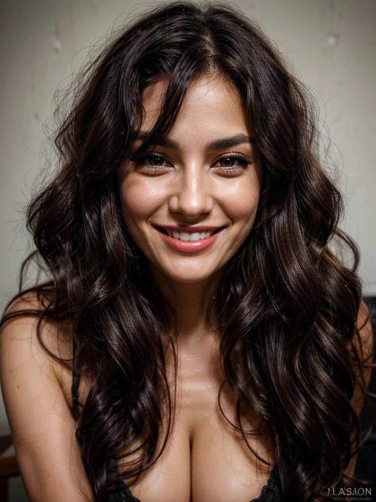 Woman in her 30s with dark wavy hair, beautiful smile and big eyelashes. smiling, sensuality, photo for instagram