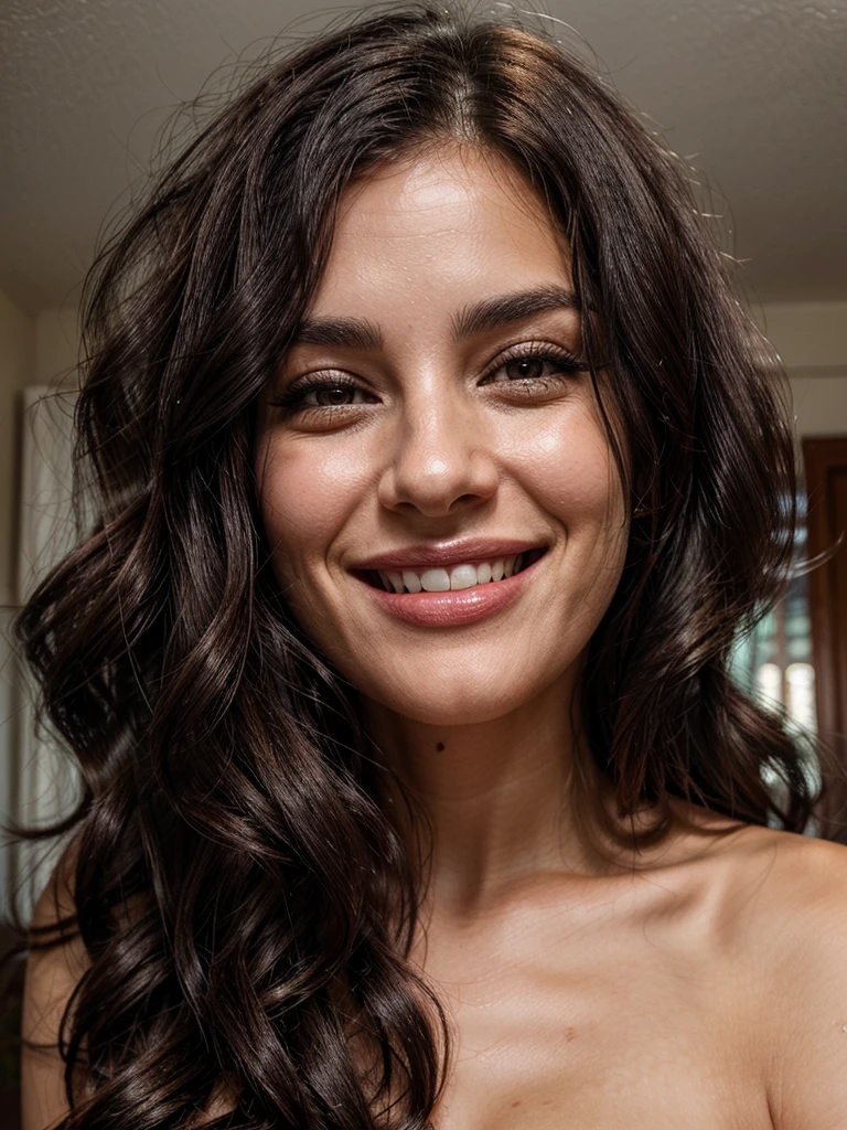 Woman in her 30s with dark wavy hair, beautiful smile and big eyelashes. smiling, sensuality, photo for instagram