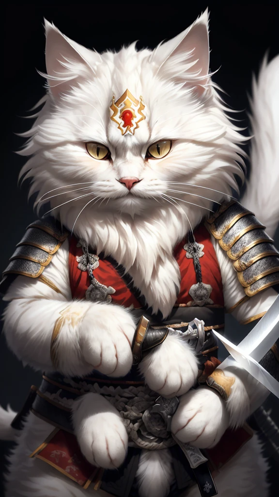 A yong male white siberian cat, white and blak c4ttitude, wearing samurai, Japanese sword in hand