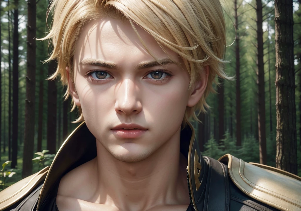 1 hero boy, blonde hair, red eyes, hero, forest, detailed eyes and face, long eyelashes, realistic, photorealistic, (best quality, 4K, 8K, high resolution, art: 1.2), ultra-detailed, hdr, professional, lighting studio,anime,vivid colors,physically based rendering,conceptual artists,anime art