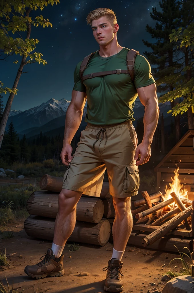 Full body shot, photorealistic full body an 18 year old muscular handsome blond young manly topless Caucasian man with shaved brown hair, Five Clock Shadow, Blue eyes ，Wearing a sweaty wet translucent shirt and a underwear, White socks, and tan hiking boots and a tall、Muscular 24 year old white young man，With blond shaved hair, Green eyes, Wearing a tan camp counselor shirt and dark brown cargo shorts，There is stubble on the face, White socks, and tan hiking boots on logs in front of a campfire at night. Sexy, male, muscular, like, ((panoramic composition of subject and complete surrounding environment))