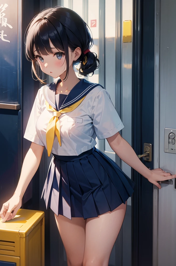 NSFW、(Sailor suit summer uniform、Short sleeve、Navy blue micro mini skirt、Navy Pleated Skirt、White mesh panties、Yellow tie、White Short Socks)、独奏、Women's High生、(Big Breasts、Big Tits)、Arms folded behind back、Spreading her legs:1.5、(Big Breasts、Big Tits)、(Black Hair、Very Short Hair、Boyish cut)、sitting、Women's High、classroom