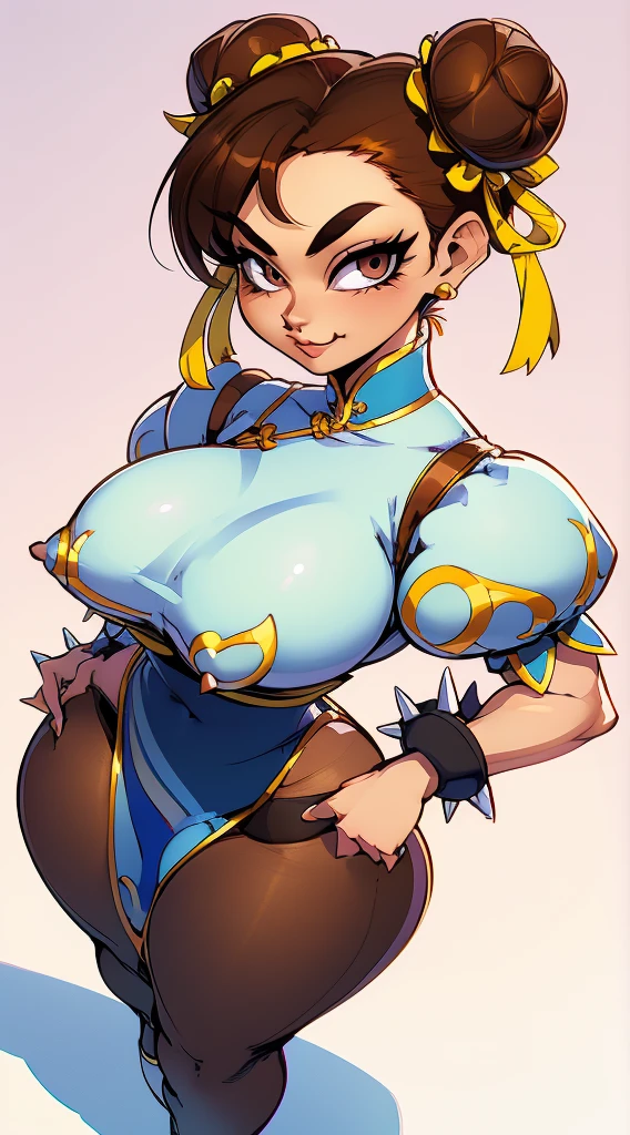 1girl, (standing alone:1.2), (Standing:1.looking-into-camera:1.3), (cowboy shot:1.5), sorrido, glad, at ease, (Curvy:1.3), (breasts big:1.2), flat stomach, (master part:1.3), (best quality:1.Perfect Anatomia:1.4), highy detailed, Fumio, linear sketch, pastel hues, glossy, filmic grain, (Curvy:1.3), (breasts big:1.3), Broad Hips, narrow waisted, (flat stomach:1.2), chun li, eyes browns, short hair, brown hair, double bun, White Coke Cover, blue dress, pelvis curtain, spiked bracelet, tape, brown pantyhose, flat background, from above view, leaning forward, perspective