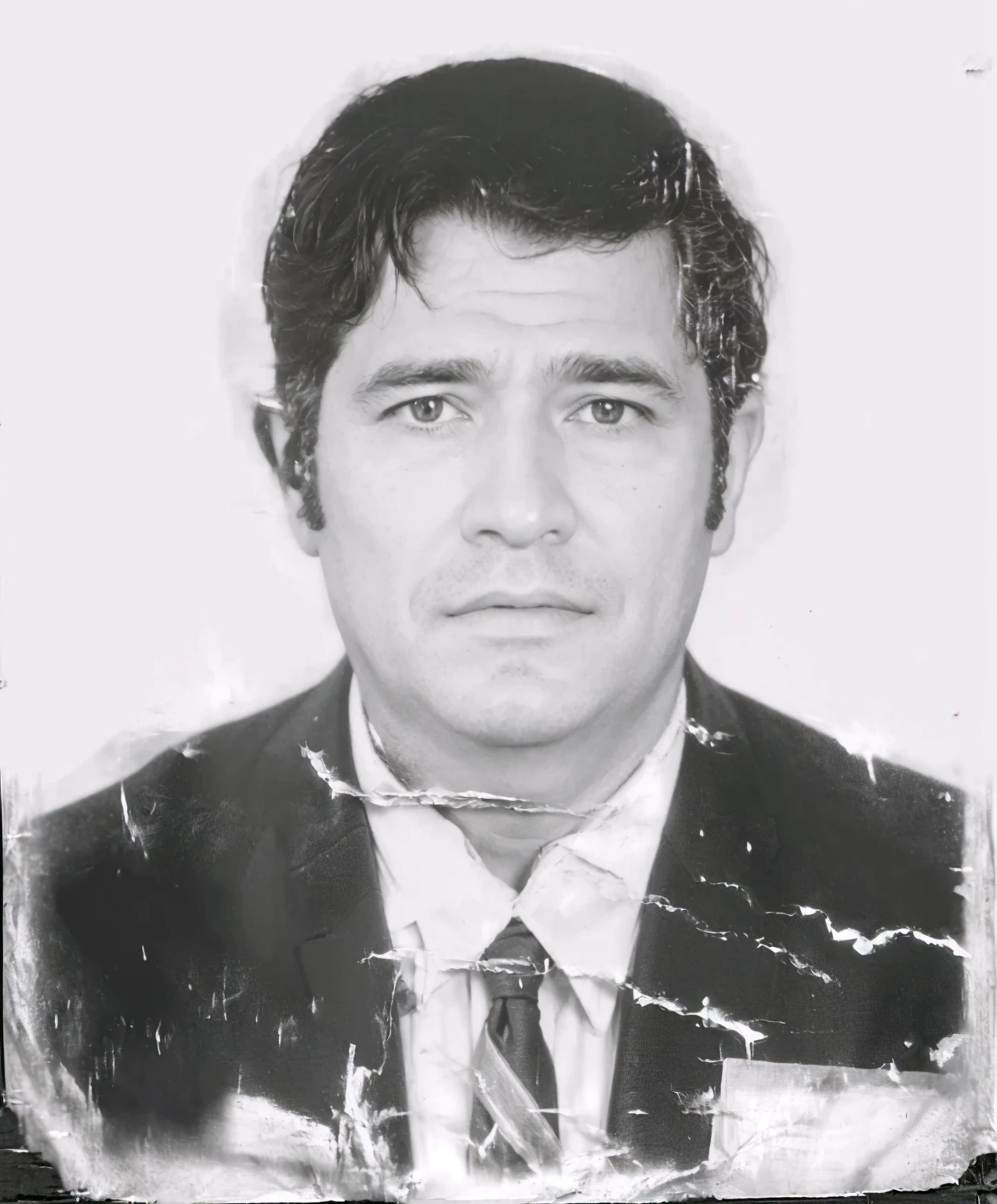 arafed photo of a man in a suit and tie, realistic old photo, grainy damaged photo, aged photo, jose miguel roman frances, Digital art but photo, realistic old photograph, grainy photo of an ugly man, Carlos Ortega Elizalde, portrait de transformación, inspired by Agustín Fernández, photo of a man, passport photo, portrait