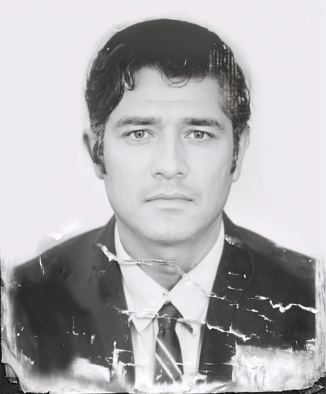 arafed photo of a man in a suit and tie, realistic old photo, grainy damaged photo, aged photo, jose miguel roman frances, Digital art but photo, realistic old photograph, grainy photo of an ugly man, Carlos Ortega Elizalde, portrait de transformación, inspired by Agustín Fernández, photo of a man, passport photo, portrait