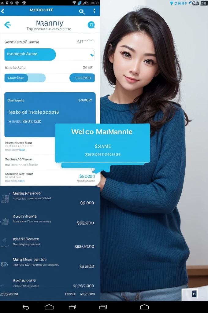 ((best qualityer)), (detailded), make a home screen of a financial management application called Lifin, put at the top “Hi, Seu Nome. welcome” and below enter the account balance, put a place to talk about expenses and also a place to store money, do it with blue tones