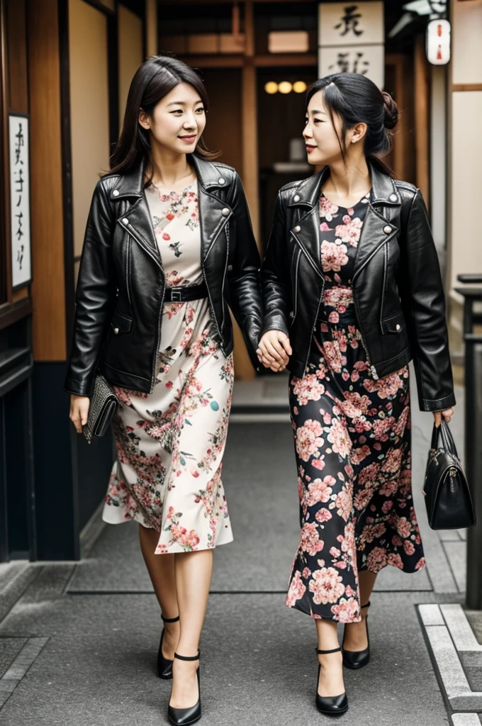 Japan women wearing floral dress with leather jacket 