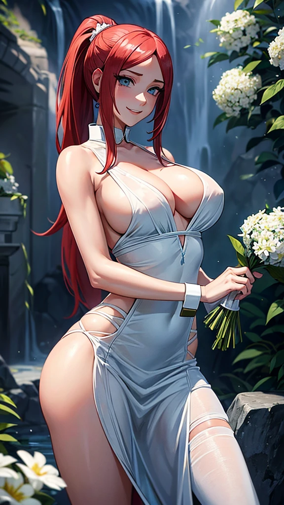 uzumaki_kushina,massive gaint large_breasts, medium thighs, medium_ass, solo,white_bride_dress, transparent dress,sexy dress, flowers in hand,ponytail,no bra,no panties, masterpiece, best quality, detailed face, detailed eyes, highres, (masterpiece:1.4, best quality:1.2), (Highres), (Detailed Illustration), Ultra-Detailed, konohagakure,looking in front, smiling playfully,mischievous eyes,blue eyes,one hand up ,second and on cleavage ,bend on front
