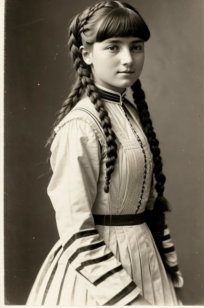 Beautiful girl, in college uniform, from the Institute of Noble Maidens, Hair braided in a pigtail, Have bangs, late 19th century