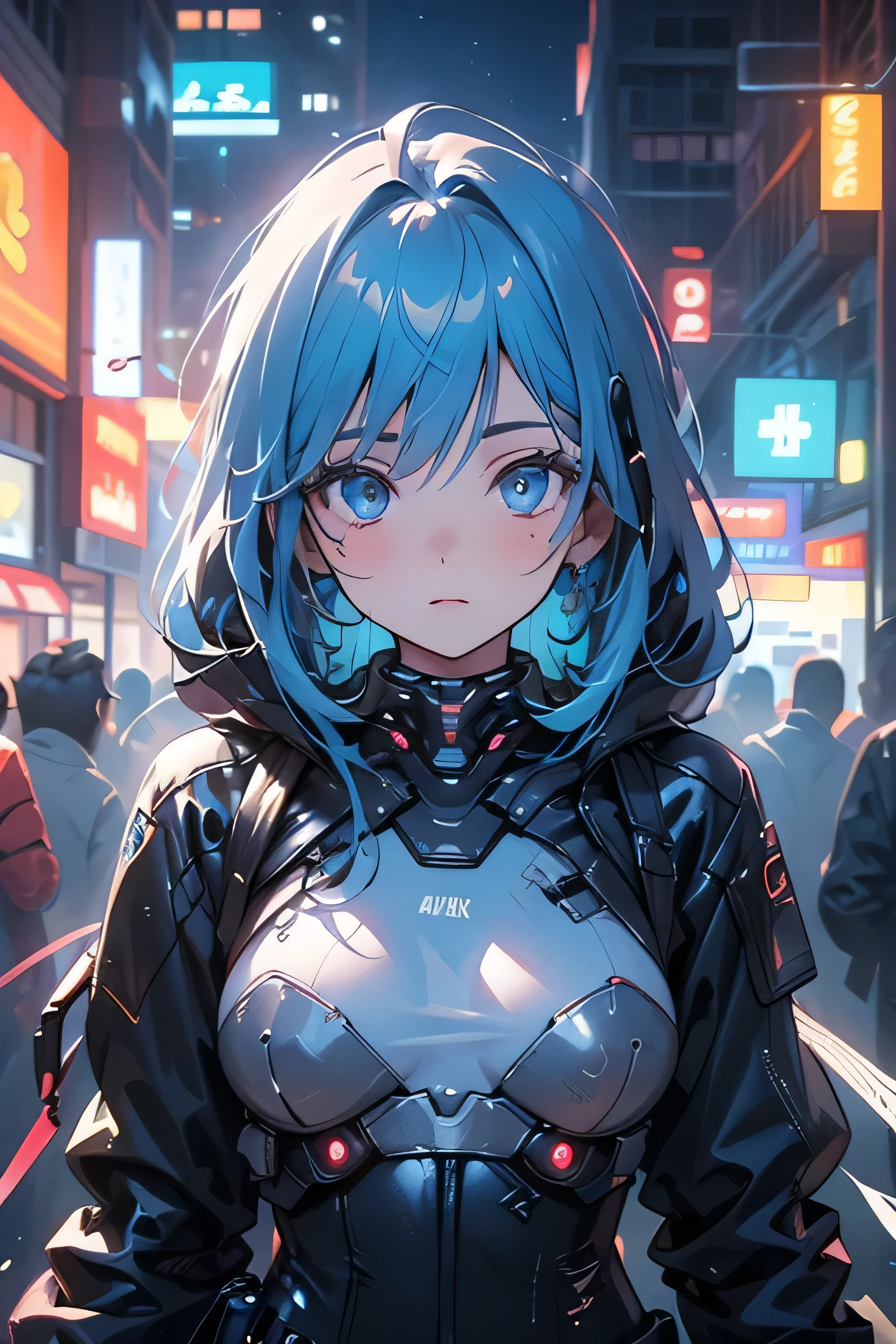 (masterpiece), (Highest quality), Ultra-high resolution, Sharp focus, ((1 female, alone)), whole body, Cyberpunk Theme, Beautiful detailed hair, Light blue hair, long hair hangs down, Beautifully detailed face, ((Beautifully shaped eyes, blue eyes)), Perfect feminine face, View your audience, Feminine navy blue patent leather cyberpunk outfit,refined armor, Brightly colored city neon lights, (At night:1.2)