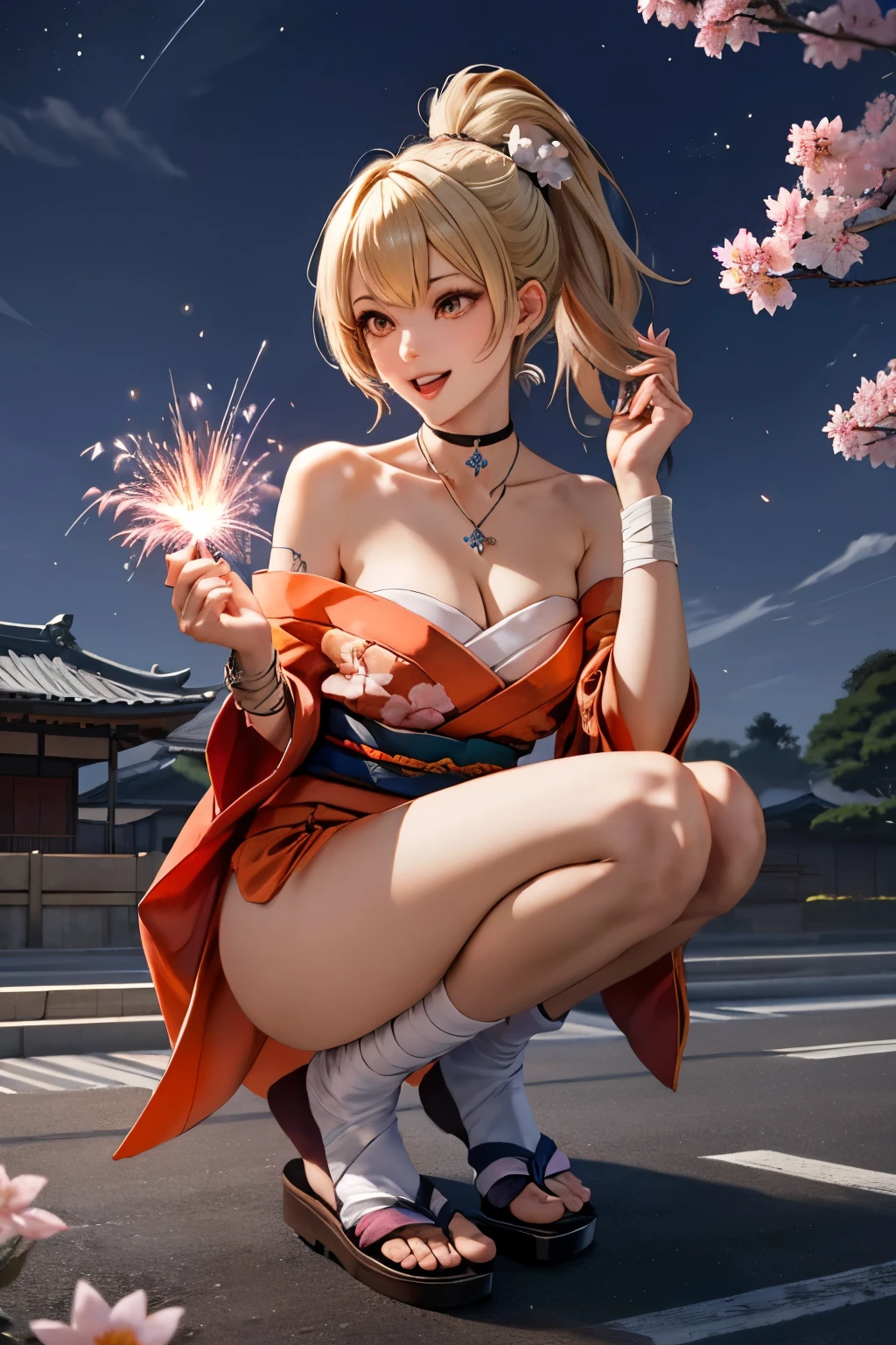 masterpiece, best quality, highres, 1girl, blonde hair, medium hair, asymmetrical hair, floating hair, hair between eyes, high ponytail, sidelocks, hair ornament, fish hair ornament, tassel, kanzashi, bangs, orange eyes, open mouth, smile, teeth, upper teeth only, choker, red choker, pendant choker, butterfly choker, collarbone, tattoo, chest tattoo, flower tattoo, cleavage, medium breasts, thighs, bandages, bandaged leg, sarashi, budget sarashi, chest sarashi, black sash, hadanugi dousa, houkisei, japanese clothes, kimono, kinchaku, obi, obiage, obijime, orange kimono, pouch, print kimono, rope, sash, shimenawa, short kimono, single bare shoulder, vision (genshin impact), east asian architecture, cherry blossoms, full body, squatting, sparkler, night, firework, holding firework, legs together, feet, single glove, single fingerless glove, wristband, black socks,