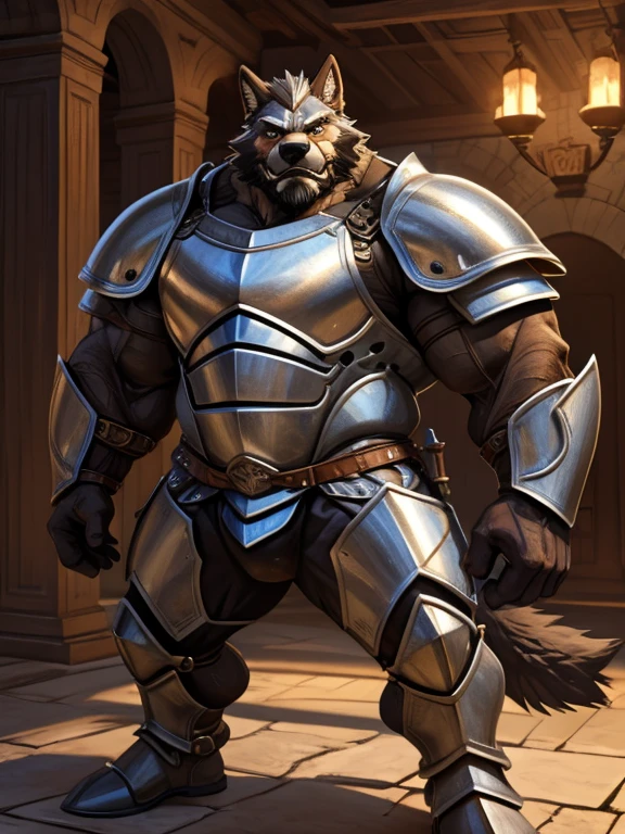 burly virile hairy man, with two wolf ears and a bushy tail, in a suit of armor, middle-aged, hirsute, overmuscular and musclebound, bulging veiny muscles, a warrior's build, a bodybuilder's physique, long bushy and a thick mustache, a square jaw, handsome and dreamy, grey hair, a knight clad in full armor
