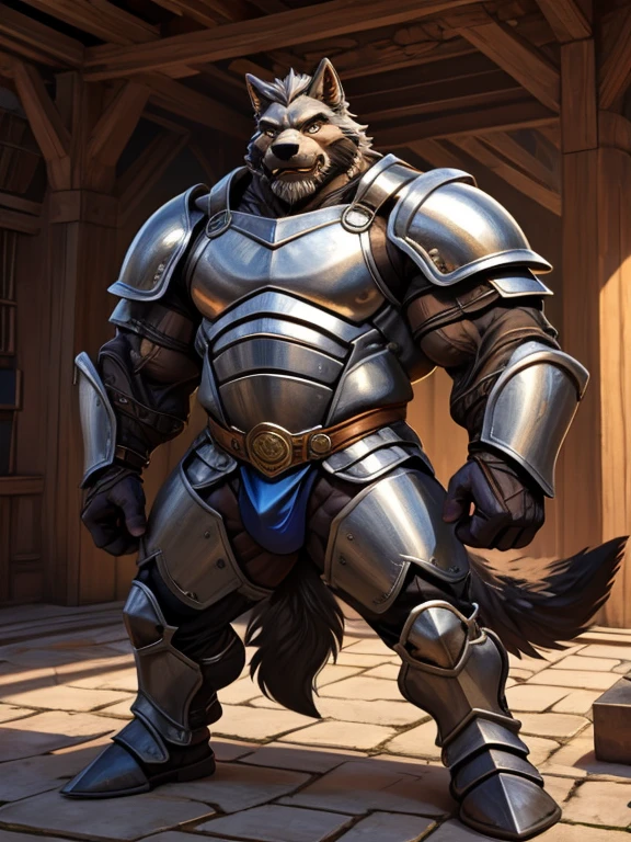 burly virile hairy man, with two wolf ears and a bushy tail, in a suit of armor, middle-aged, hirsute, overmuscular and musclebound, bulging veiny muscles, a warrior's build, a bodybuilder's physique, long bushy and a thick mustache, a square jaw, handsome and dreamy, grey hair, a knight clad in full armor