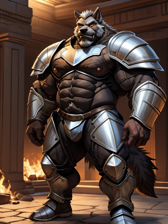 burly virile hairy man, with two wolf ears and a bushy tail, in a suit of armor, middle-aged, hirsute, overmuscular and musclebound, bulging veiny muscles, a warrior's build, a bodybuilder's physique, long bushy and a thick mustache, a square jaw, handsome and dreamy, grey hair, a knight clad in full armor