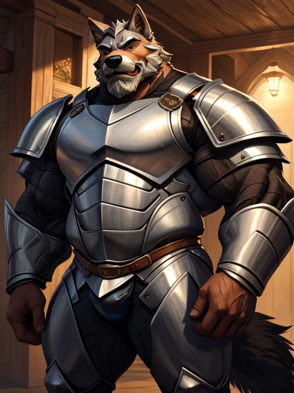 burly virile hairy man, with two wolf ears and a bushy tail, in a suit of armor, middle-aged, hirsute, overmuscular and musclebound, bulging veiny muscles, a warrior's build, a bodybuilder's physique, long bushy and a thick mustache, a square jaw, handsome and dreamy, grey hair, a knight clad in full armor
