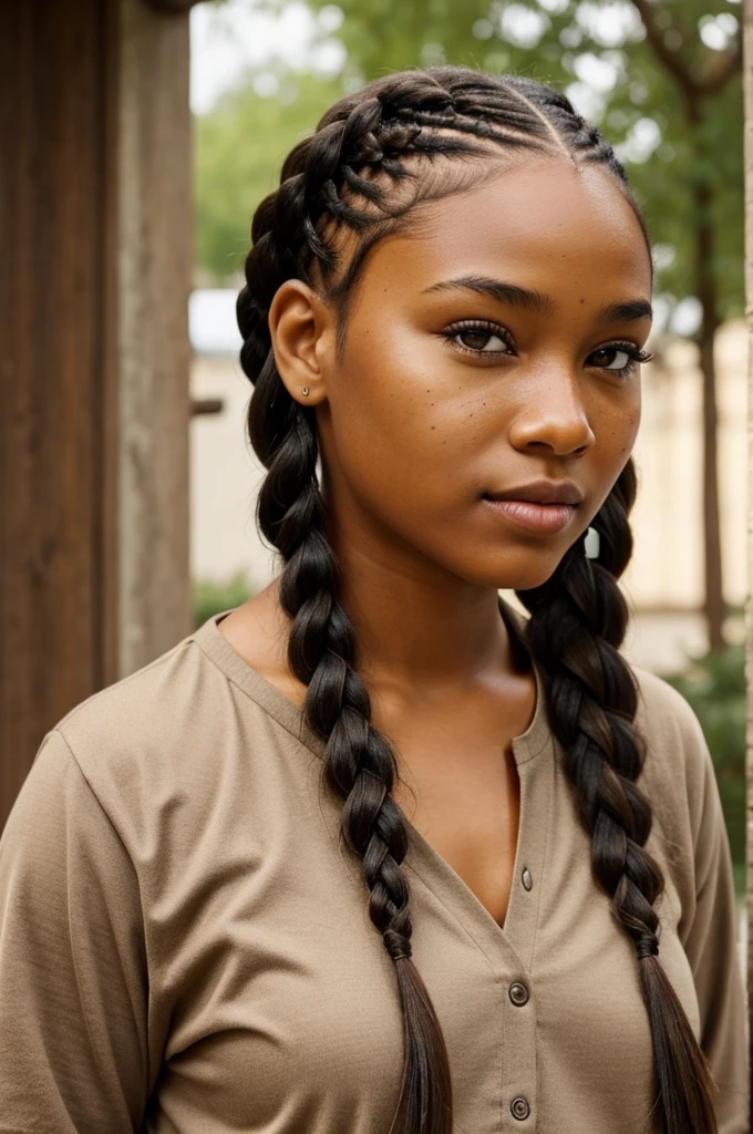 Show me a girl with two thick braids with medium brown eyes with slight birthmarks. 