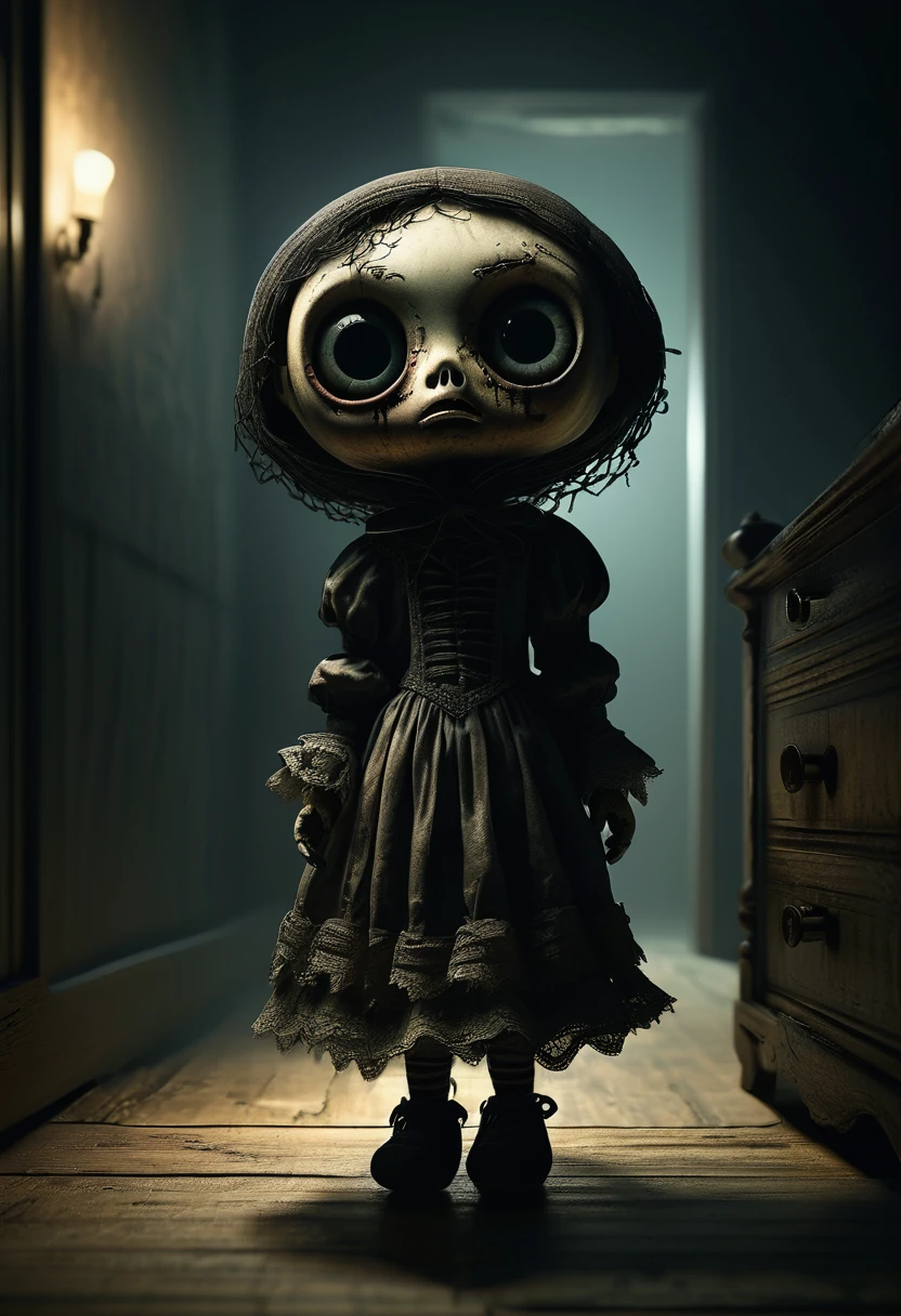 Night room. Creepypasta is a scary entity in the form of a cute, beautiful doll with very large eyes. A creepy look from the shadows. Rembrandt's style. (minimalism: 1), high detail, Greg Rutkowski.