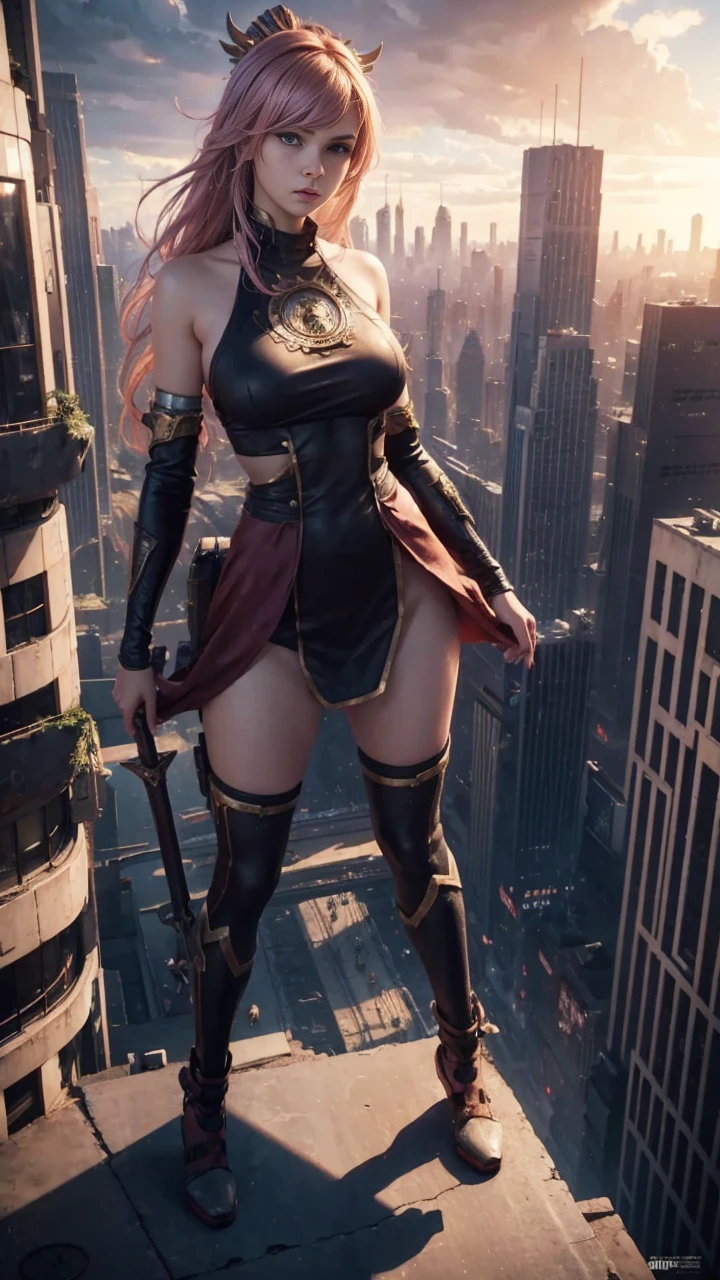 Hyperrealistic version of a woman giant. A giant woman in a bikini lying on top of a cyberpunk city, Little guys running around the giant girl, Standing on her hand, cgsociety 9, fantasy art, engine rendering unreal + a goddess, full body cgsociety, artgerm ; Hyper realistic content, giant art, super detailed matte paintings, super detailed matte paintings, realistic fantasy art, realistic style. Beautiful girl. Big thighs."The little people stood on the top of a high-rise building waving to the girl".Wear short skirts.